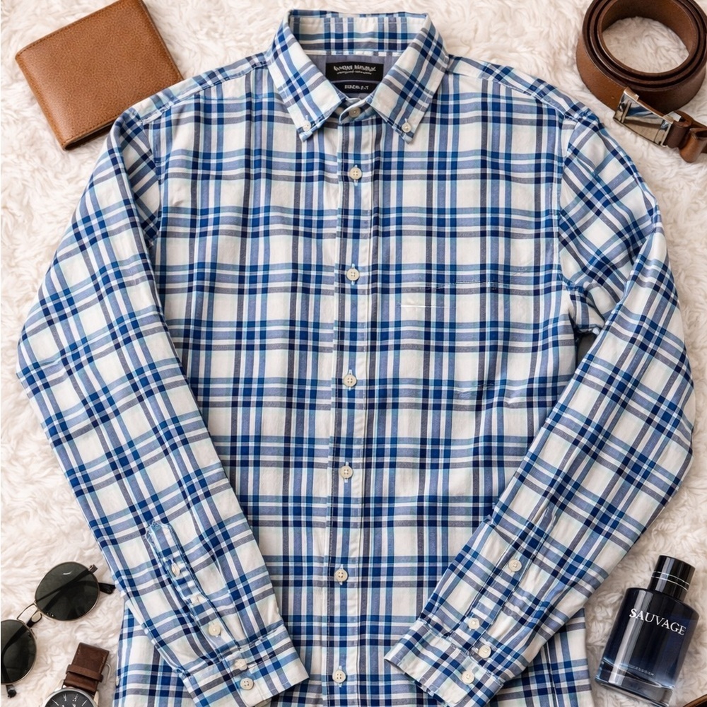 Banana Republic Camden Fit Blue Plaid Button Down Shirt L